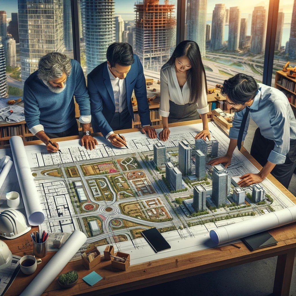 Diverse architectural team, including an engineer, architect, and planner, engaged in discussion around a table with a large blueprint of a grading plan, highlighting contour lines, drainage systems, and urban structures.