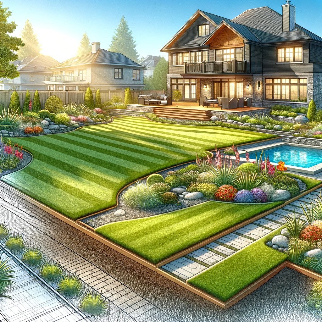 Illustration of a residential property in Toronto with effective grading, featuring a flat lawn, modern house, landscaping elements, and a sunny backdrop.
