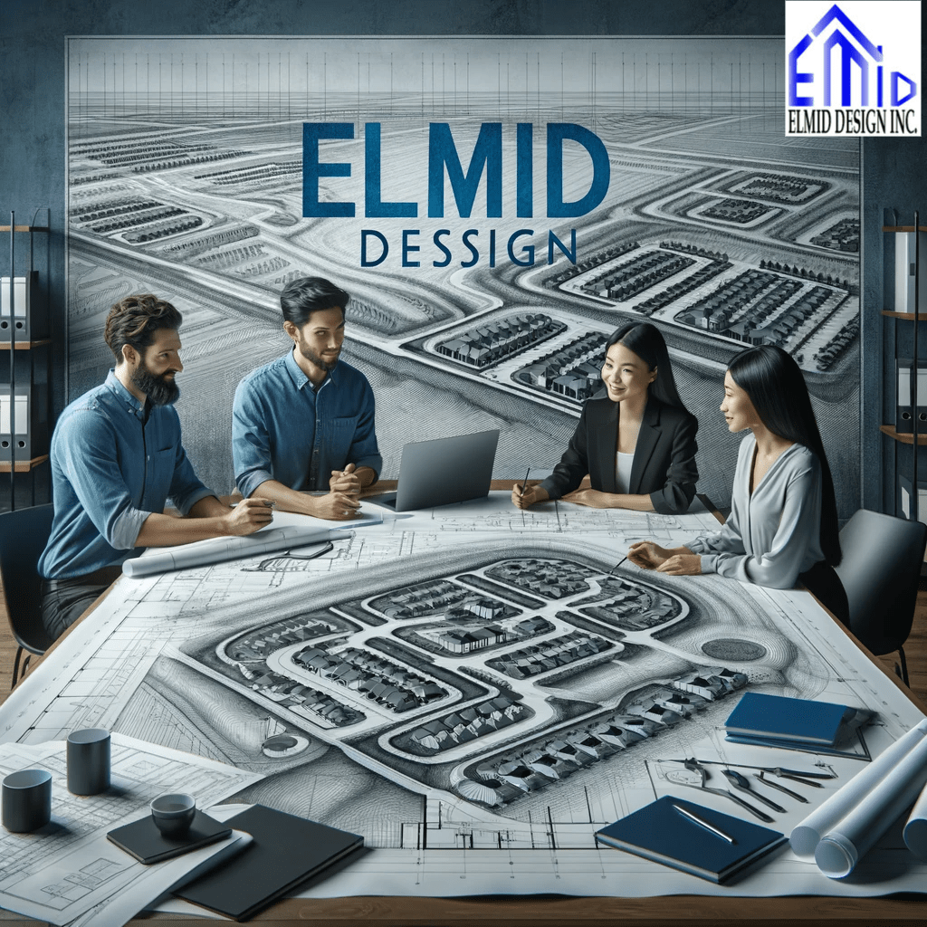Engineering team at Elmid Design collaborating on a subdivision grading plan, showcased through a detailed black and white drawing, symbolizing expert urban planning solutions in Oakville.