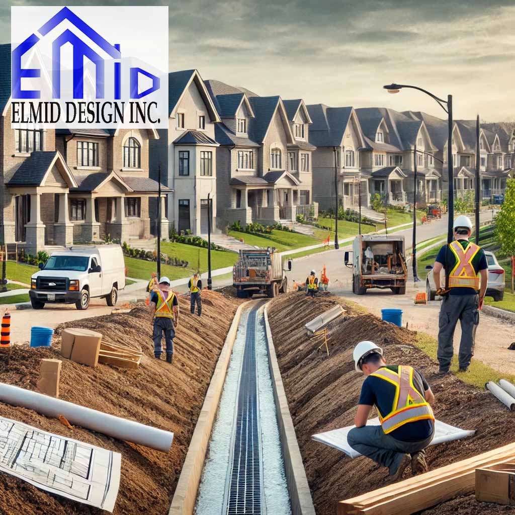 A residential street in Vaughan featuring two-story houses with different architectural styles, a swale for drainage, and engineers working on-site.