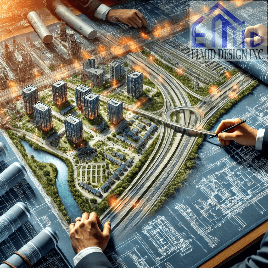 Engineers in Ontario reviewing blueprints and planning sustainable land development with zoning and stormwater management solutions.