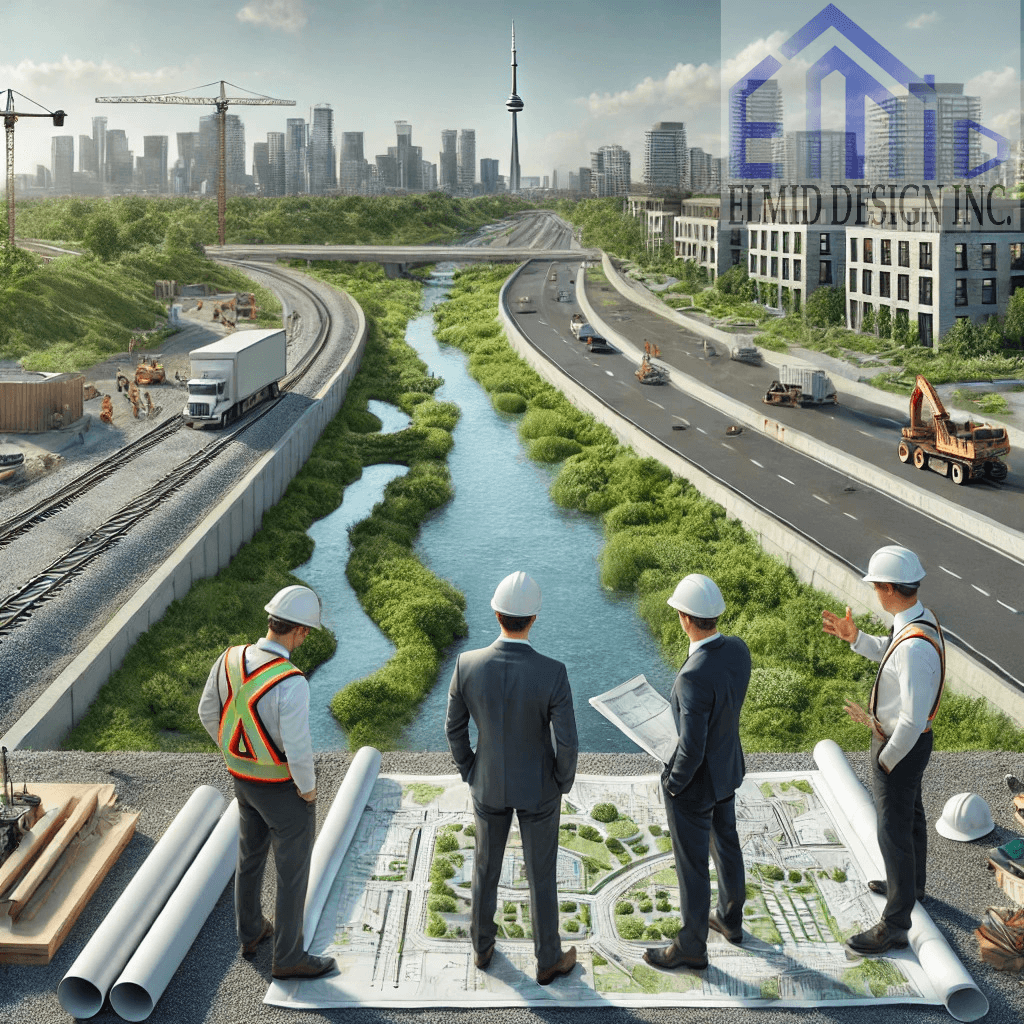 Engineers overseeing land grading, stormwater system installation, and infrastructure development on a construction site in Ontario.