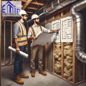 Two inspectors reviewing basement renovation blueprints, discussing insulation and framing compliance in an under-construction basement.